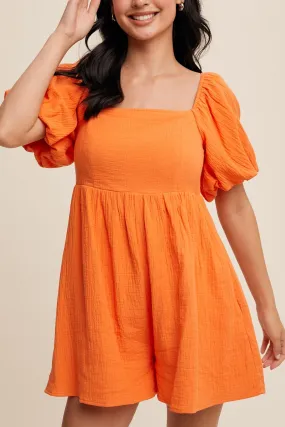 Square Neck Puff Sleeve Babydoll Romper Game Day Orange