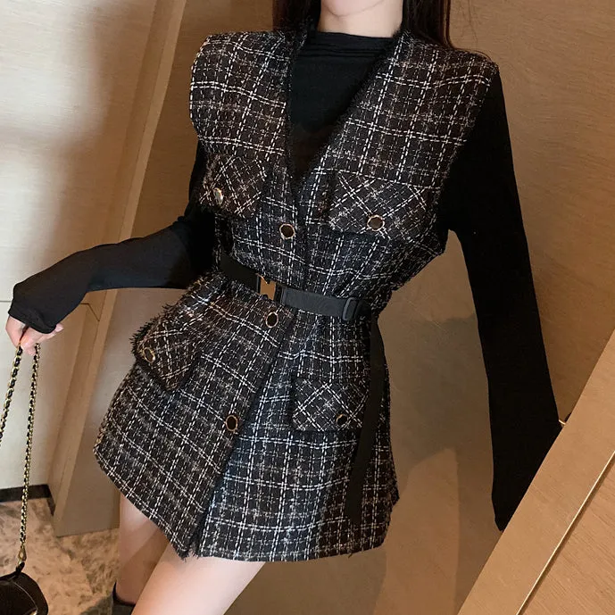 Suit Check Vest Lace-Up Long Sleeve Dress