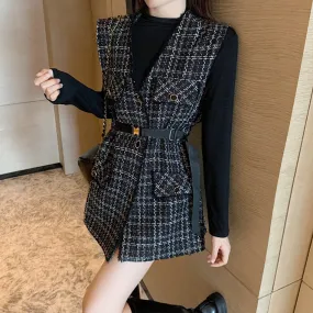 Suit Check Vest Lace-Up Long Sleeve Dress