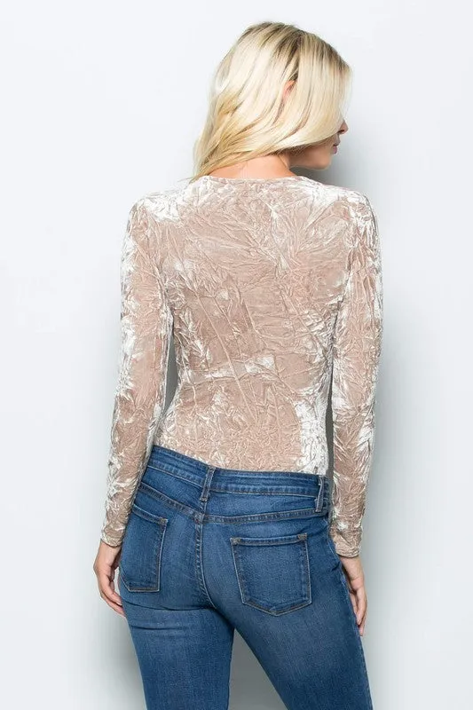 THE MYSTYLEMODE CHAMPAGNE CRUSHED VELVET PLUNGING V NECK LONG SLEEVE BODYSUIT