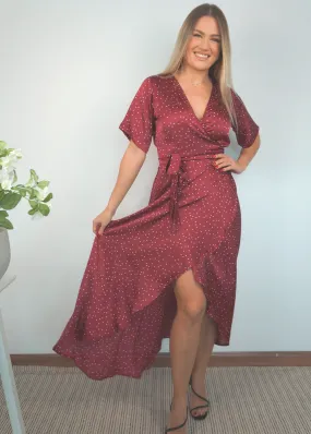 The Satin Wrap Dress - Merlot Polka