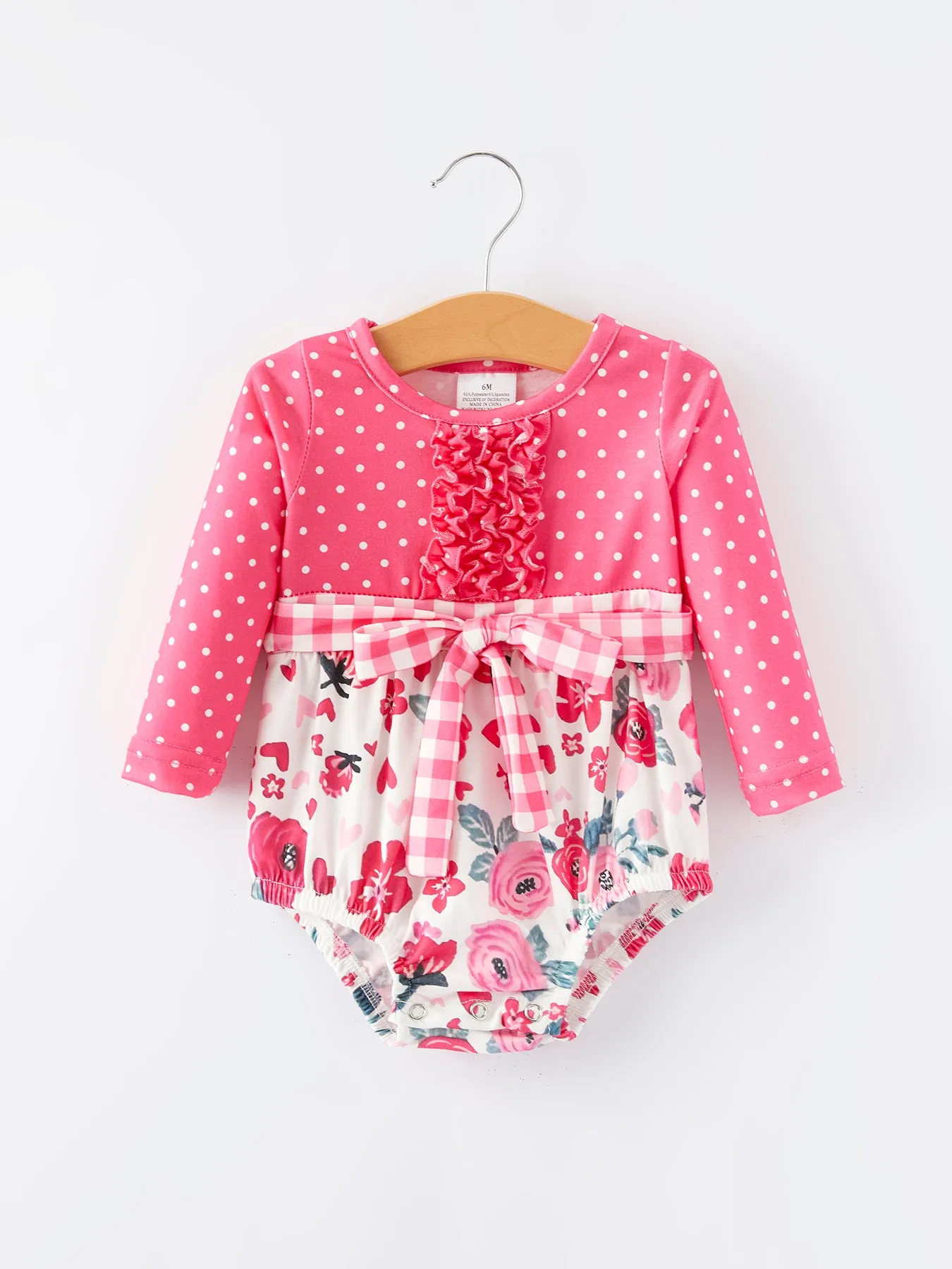 Valentine's Day Flower Print Bow Polka Dot Ruffle Girls Romper