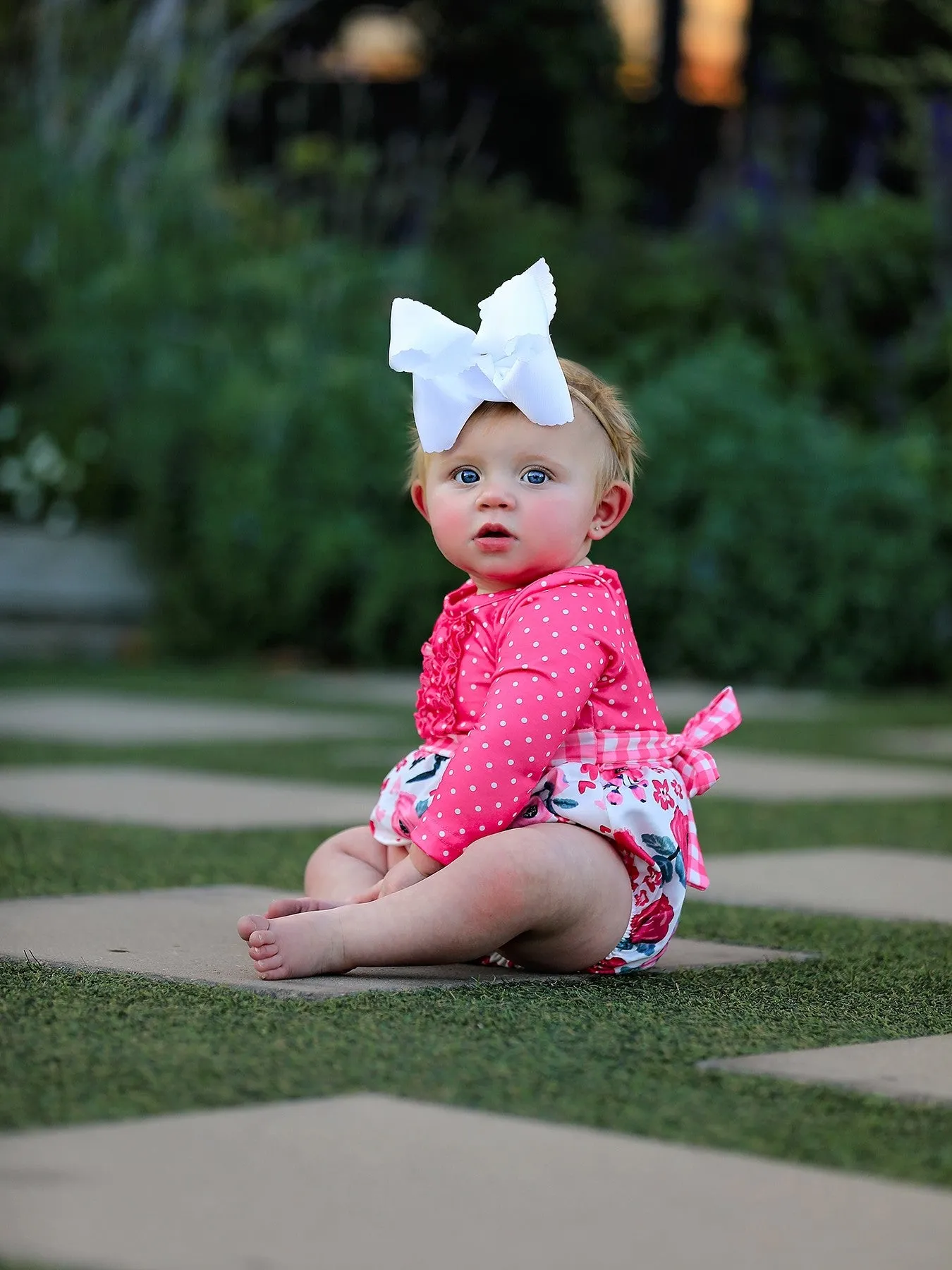 Valentine's Day Flower Print Bow Polka Dot Ruffle Girls Romper