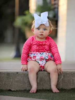 Valentine's Day Flower Print Bow Polka Dot Ruffle Girls Romper