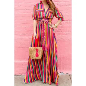 Women Colorful Stripes Fasten Tie Long Dress - C13519JPD