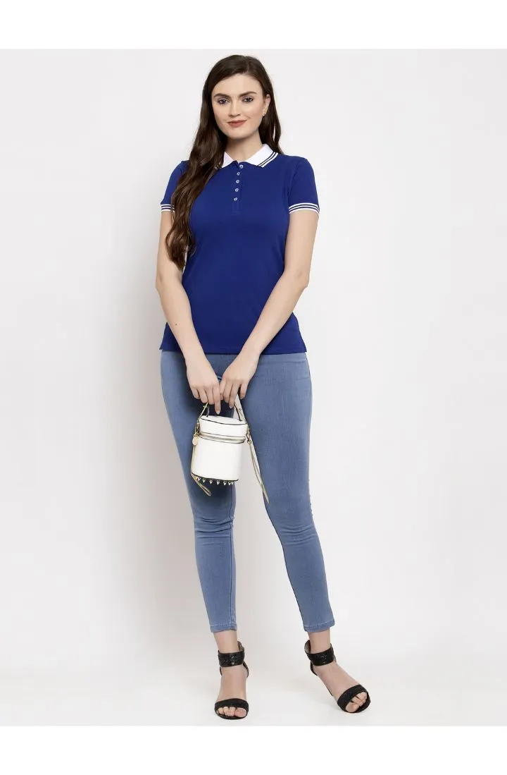 Women Royal Blue & White Polo Collar T-shirt