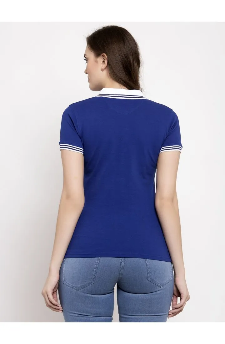 Women Royal Blue & White Polo Collar T-shirt