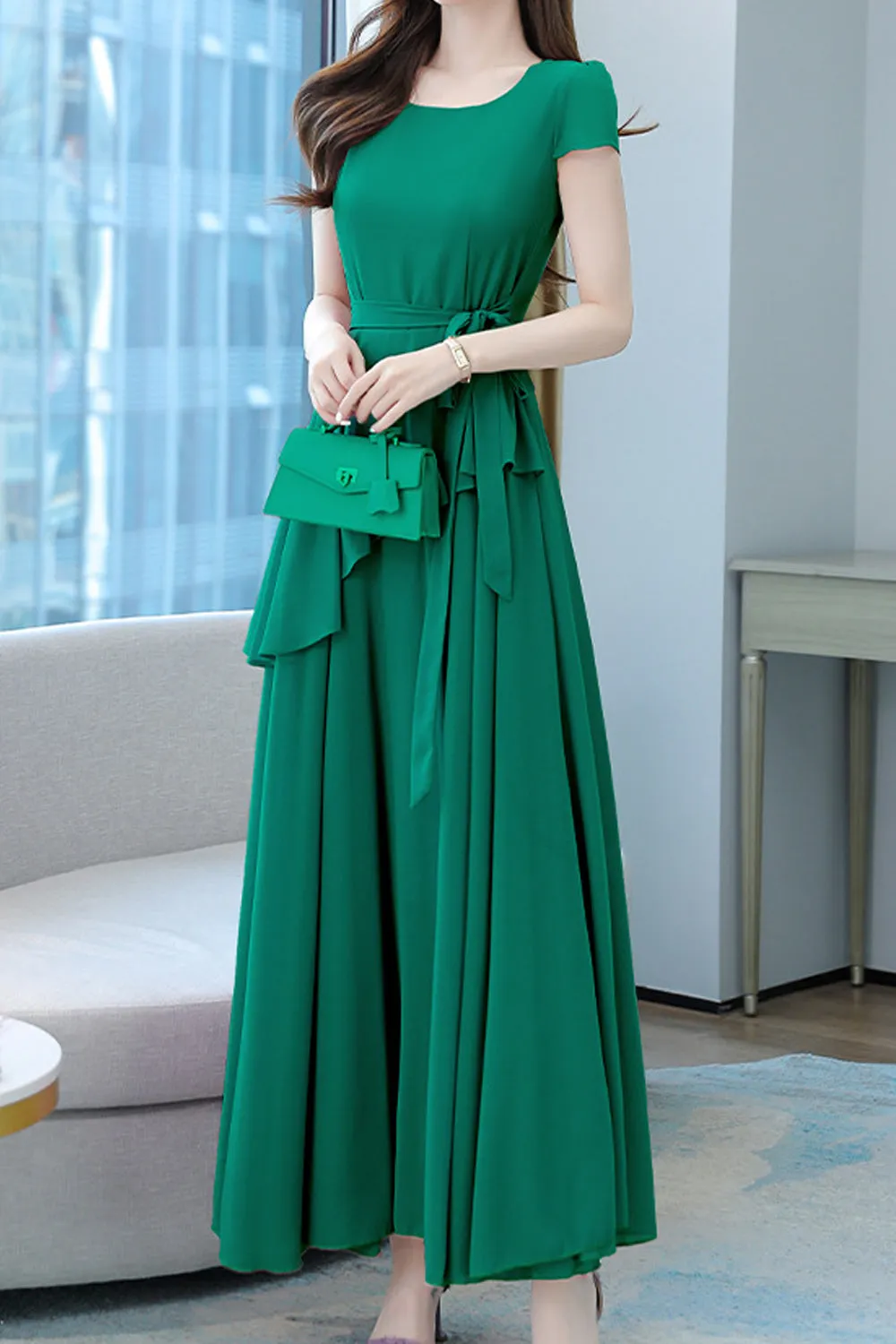 Women Thin Short Sleeve Long Length Solid Colored Pretty Square Neck Dress - STKUWD410