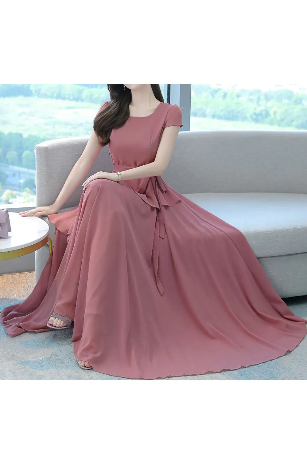 Women Thin Short Sleeve Long Length Solid Colored Pretty Square Neck Dress - STKUWD410