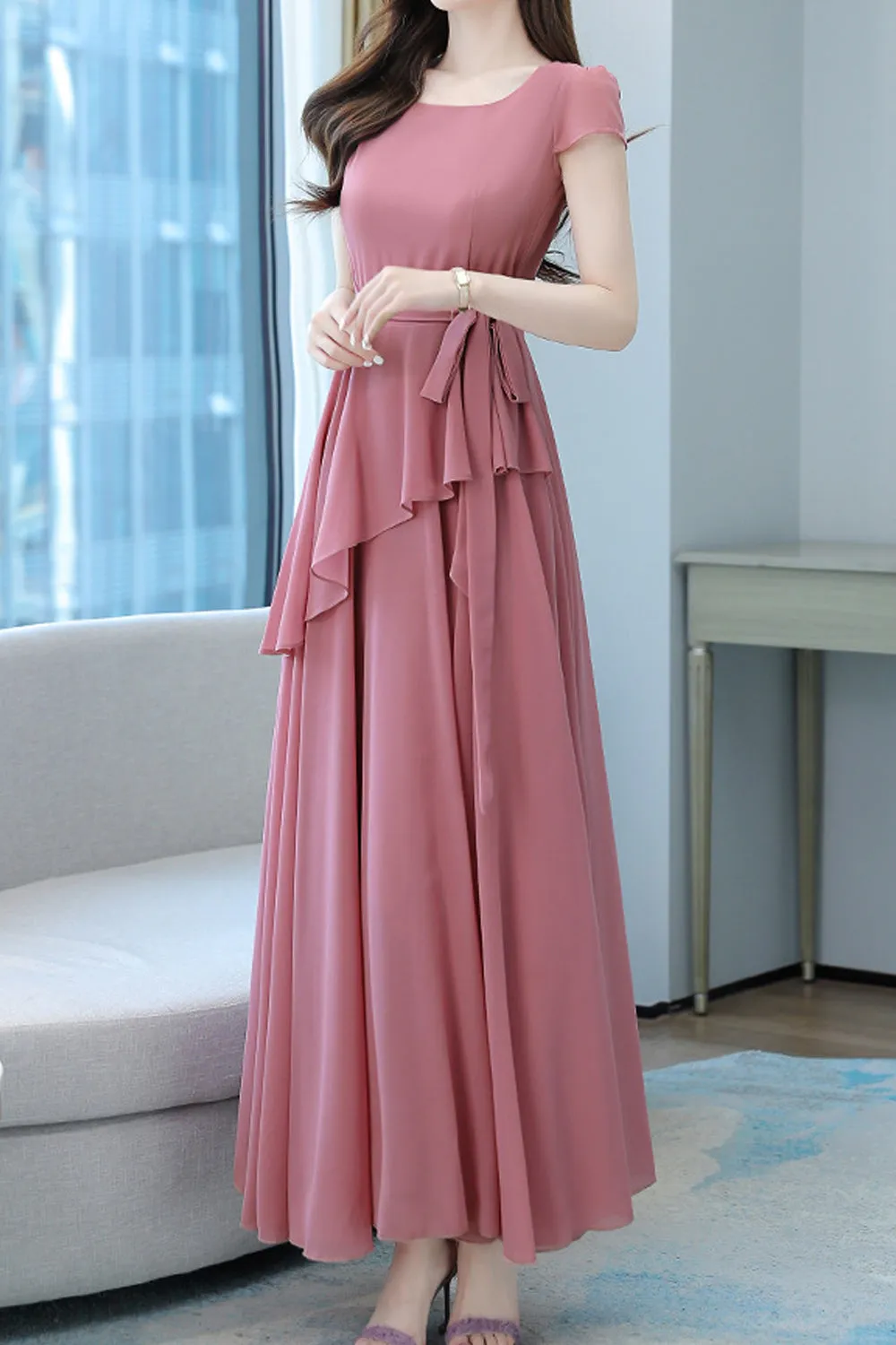 Women Thin Short Sleeve Long Length Solid Colored Pretty Square Neck Dress - STKUWD410