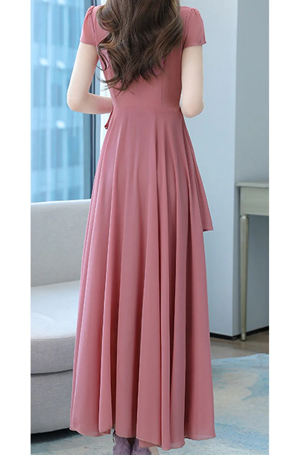 Women Thin Short Sleeve Long Length Solid Colored Pretty Square Neck Dress - STKUWD410